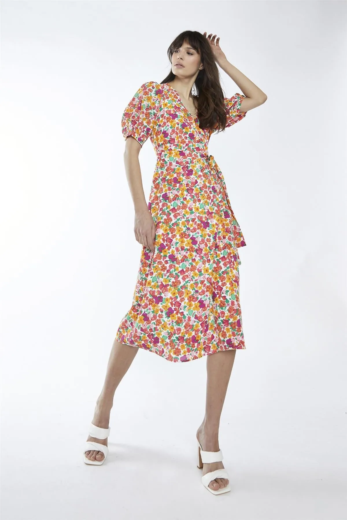 Bright-Floral Wrap Midi-Dress sold by Glamorous