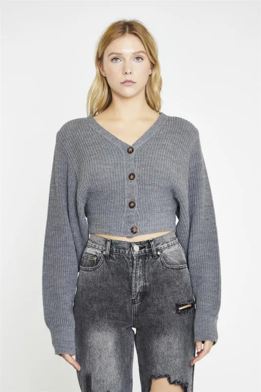 Dark-Grey Marl Button Front Crop-Cardigan sold by Glamorous