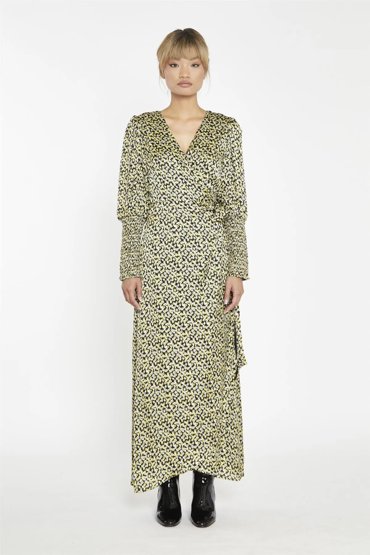 Yellow Splodgy-Floral Wrap Maxi-Dress sold by Glamorous