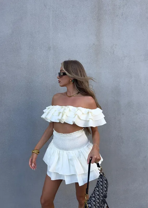 Arabella Co-ord Bardot Ruffle Crop Top - Cream sold by Glamorous