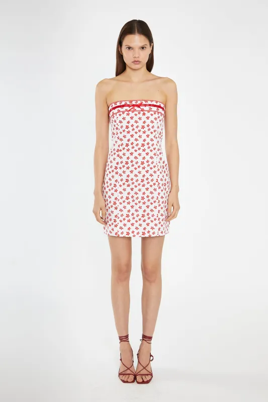 White-Red Daisy Fitted Bandeau Mini-Dress made by Glamorous