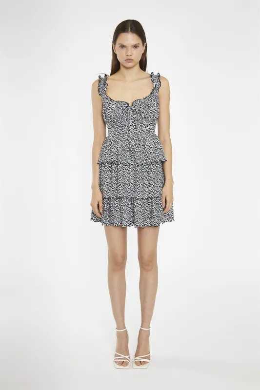 Black-Multi Daisy Gathered Tiered Mini-Dress made by Glamorous
