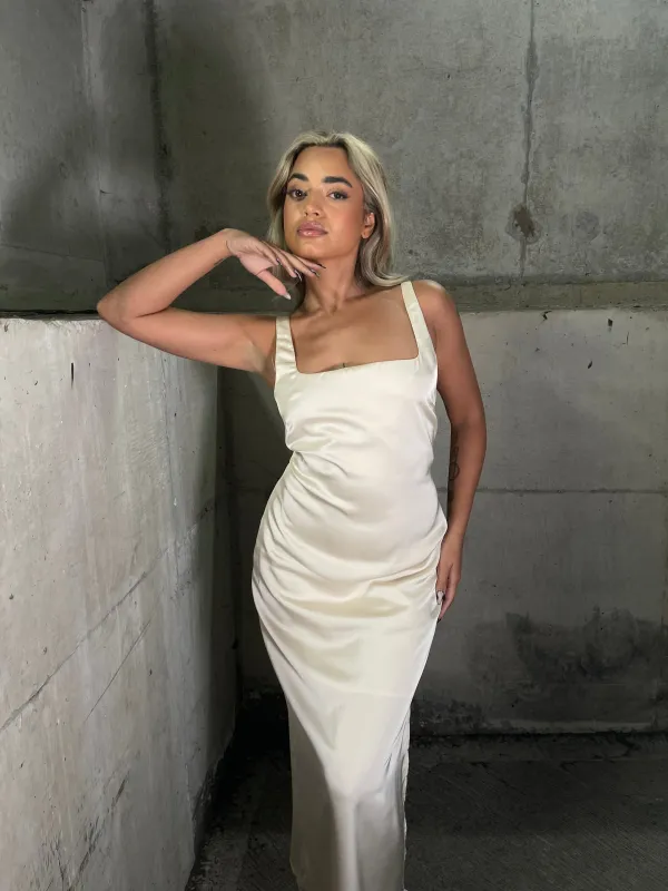 Dark-Cream Satin Tailored Square-Neck Midi-Dress sold by Glamorous