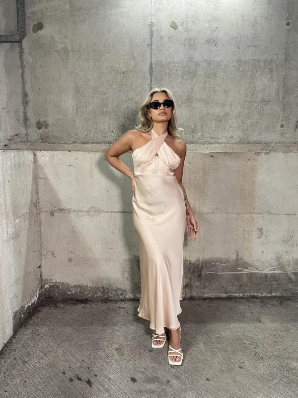 Peach-Nude Satin Gathered Cross Front Halterneck Midaxi-Dress sold by Glamorous