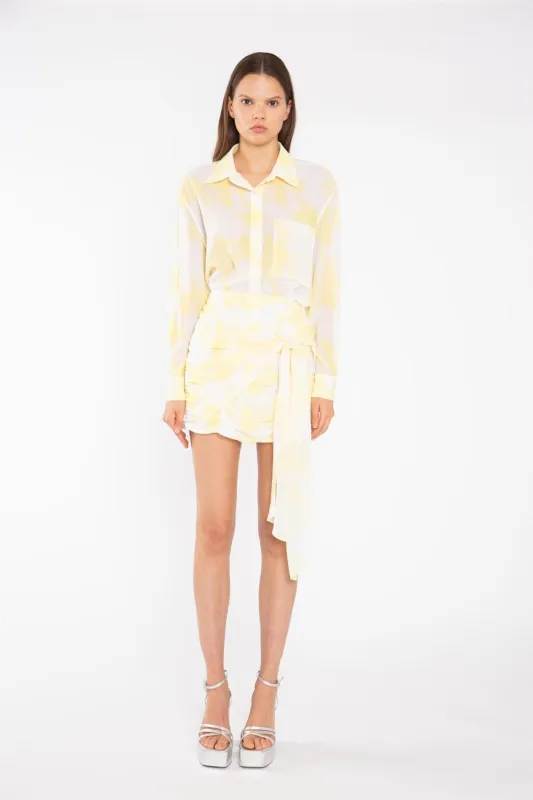 Yellow Print-Chiffon Ruched Tie-Front Mini-Skirt made by Glamorous
