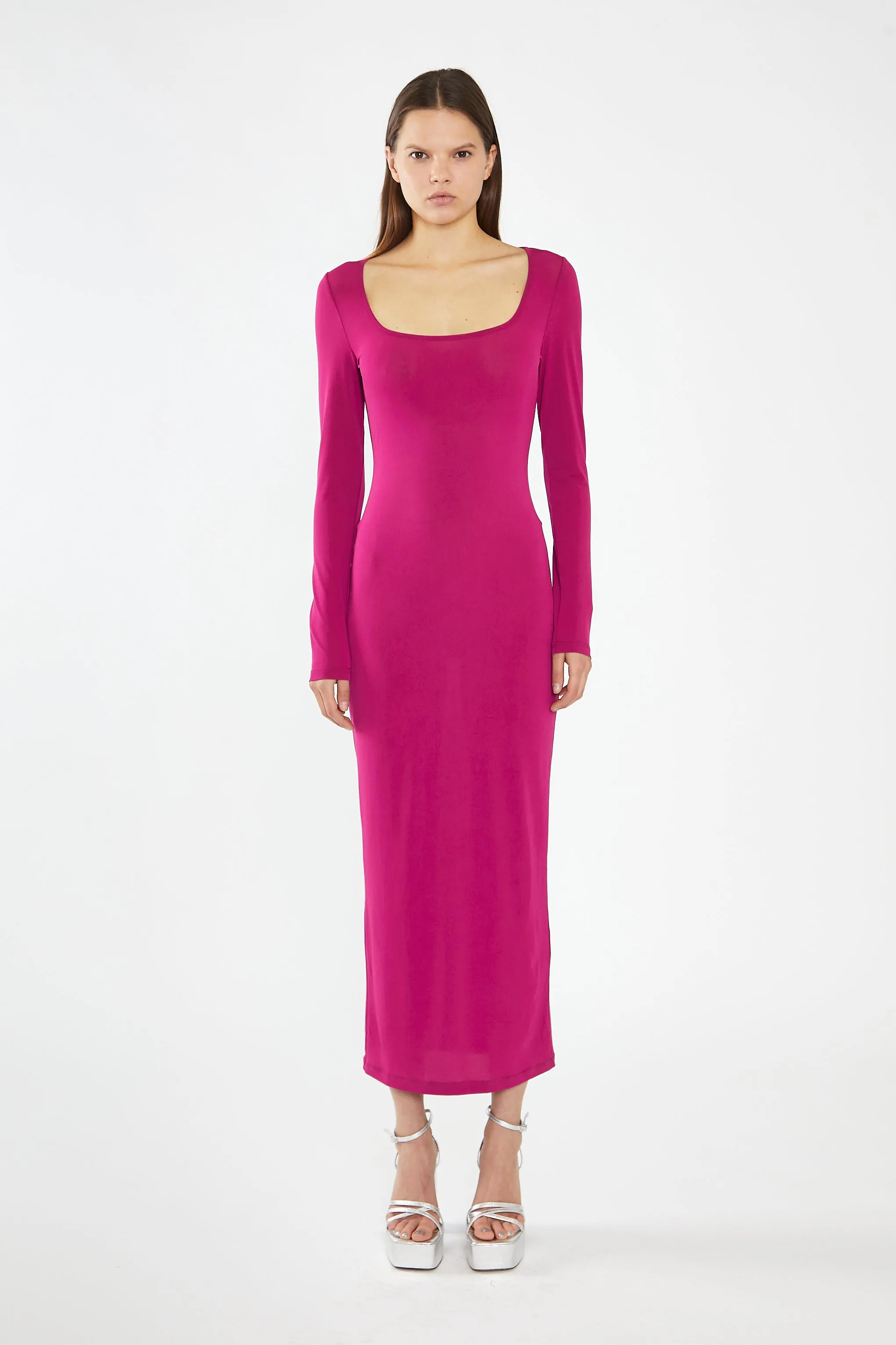 Fuchsia Square-Neck Bodycon Maxi-Dress sold by Glamorous