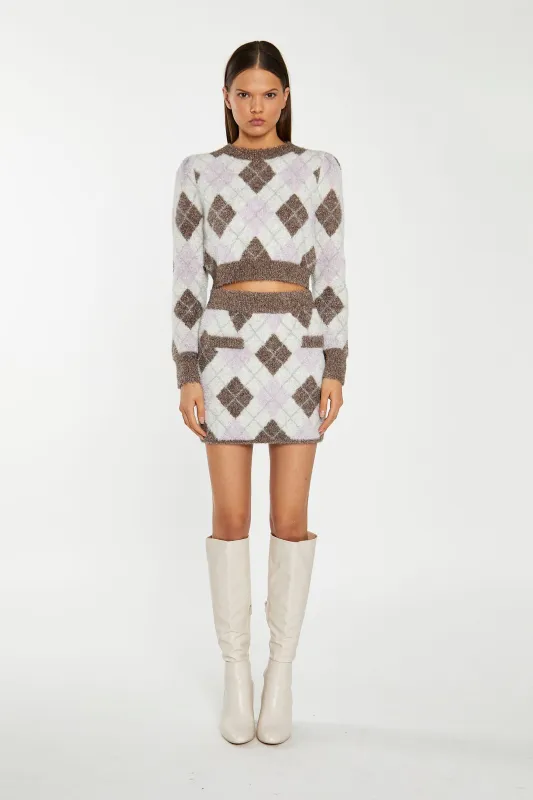 Brown Multi-Argyle Glitter Knit Mini-Skirt made by Glamorous