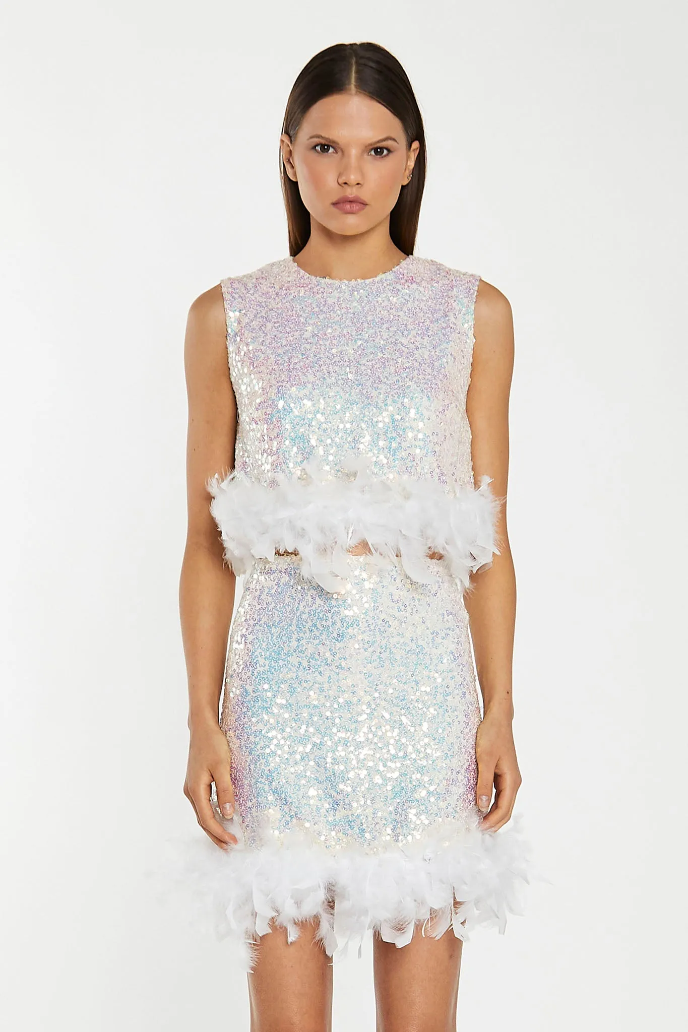 Iridescent-Sequin White Feather Trim Crop-Top sold by Glamorous product image thumbnail 3