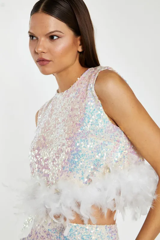 Iridescent-Sequin White Feather Trim Crop-Top sold by Glamorous