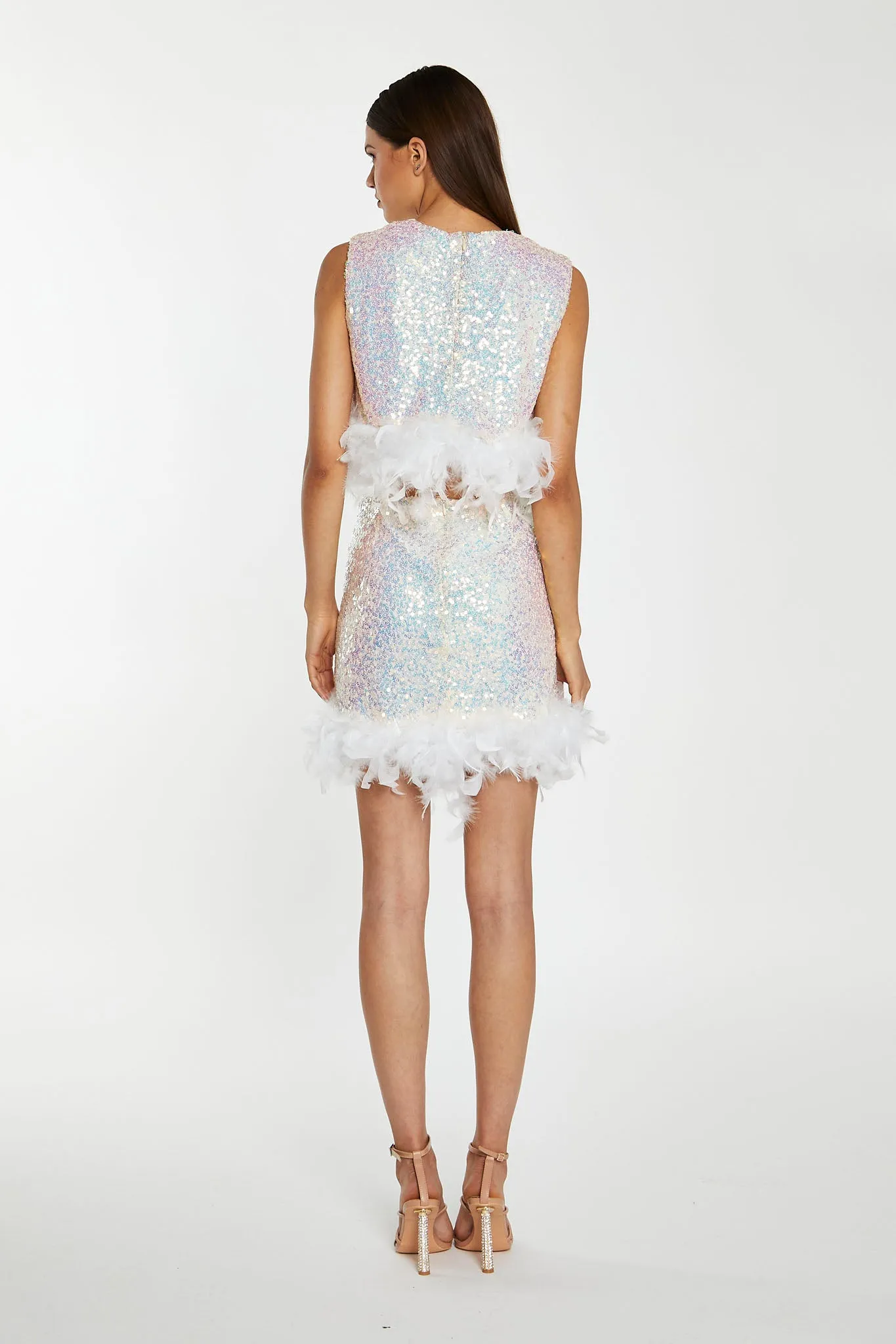 Iridescent-Sequin White Feather Trim Crop-Top sold by Glamorous product image thumbnail 2