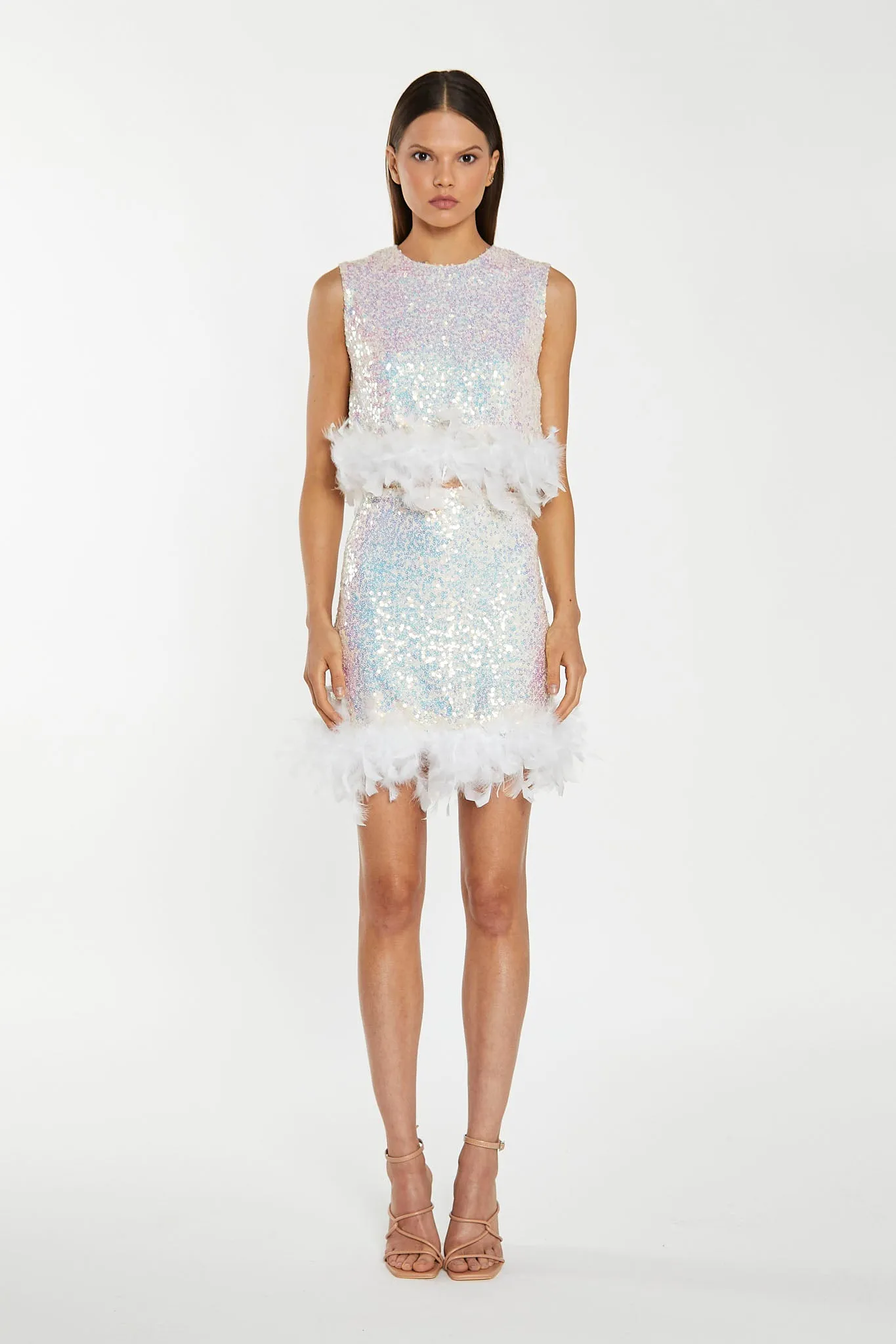 Iridescent-Sequin White Feather Trim Crop-Top sold by Glamorous product image thumbnail 4