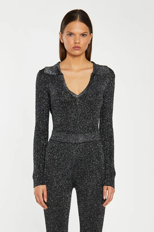 Black-Silver Rib Collared V-Neck -Bodysuit made by Glamorous