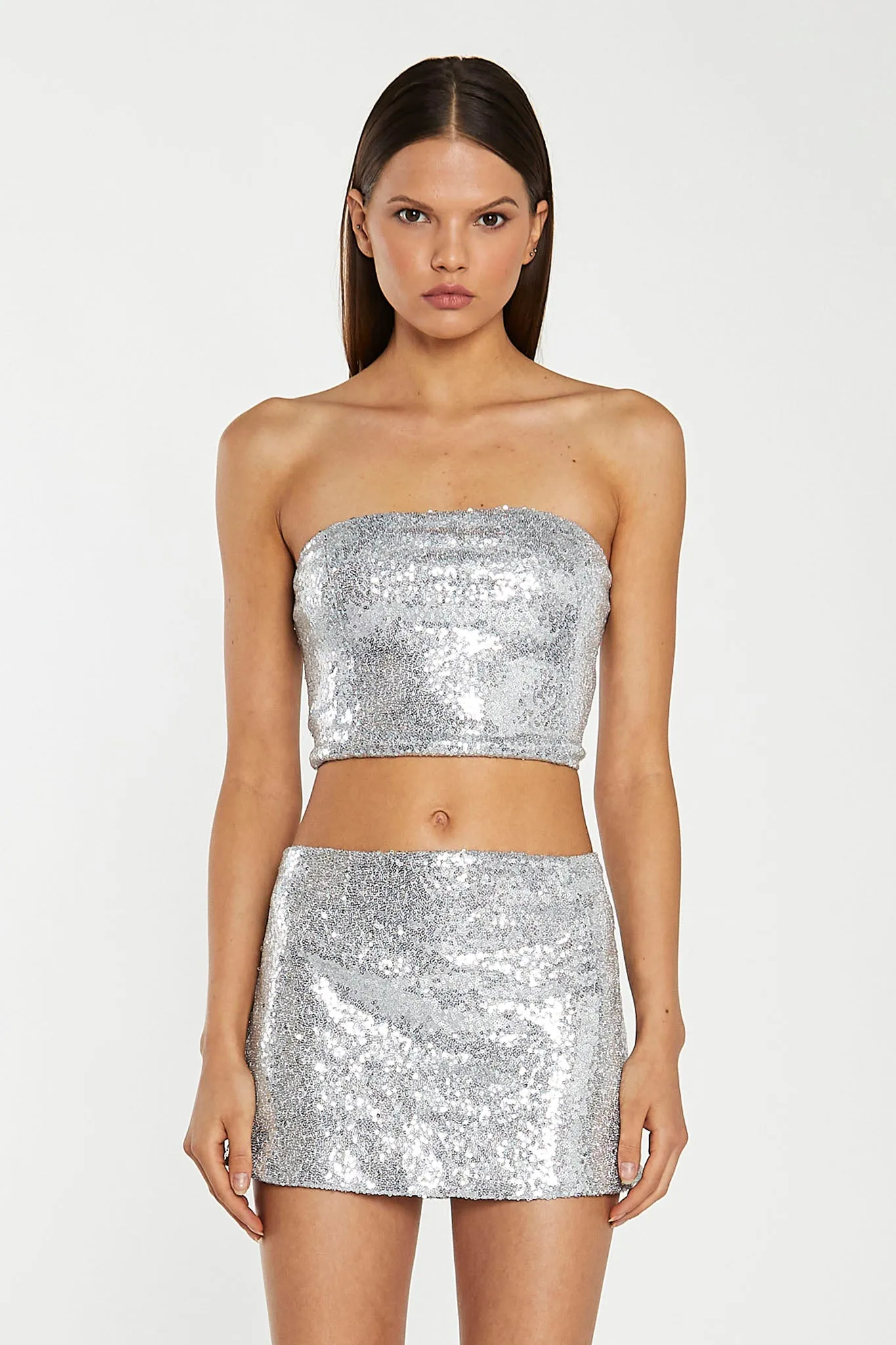 Silver-Sequin Peplum Mini-Skirt sold by Glamorous