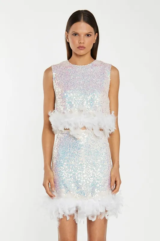 Iridescent-Sequin White Feather Trim Mini-Skirt sold by Glamorous
