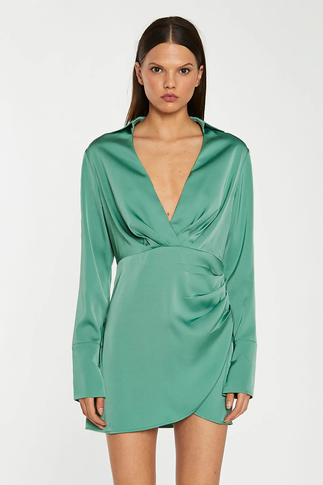 Spruce-Green Satin Collared Wrap Mini-Dress sold by Glamorous