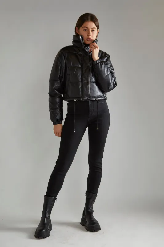 Black PU Puffer Cropped-Jacket sold by Glamorous