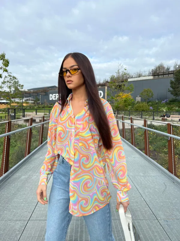 Rainbow Swirl Button-Front Long Sleeve -shirt made by Glamorous