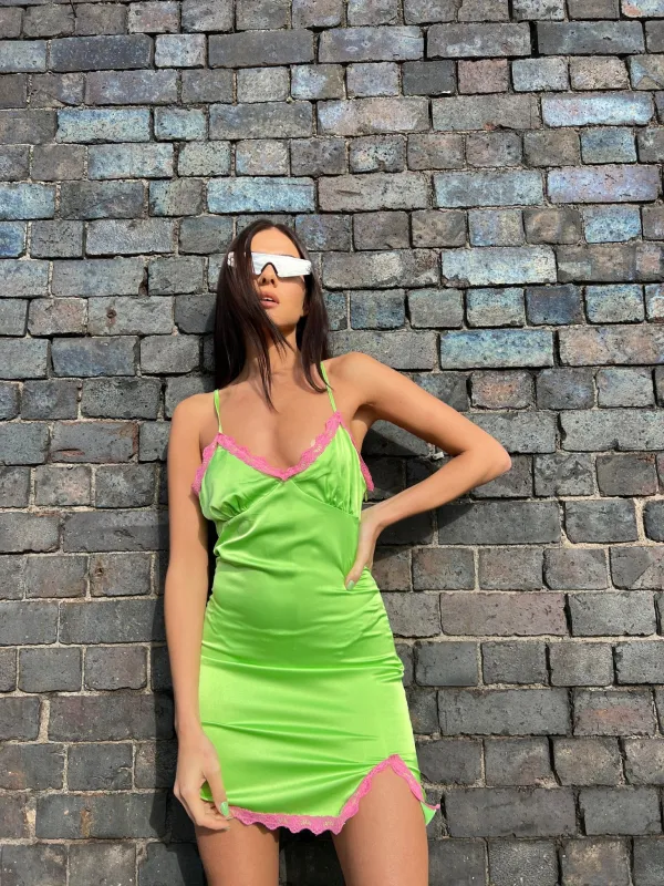 Apple-Green Pink Lace Trim Mini-dress made by Glamorous