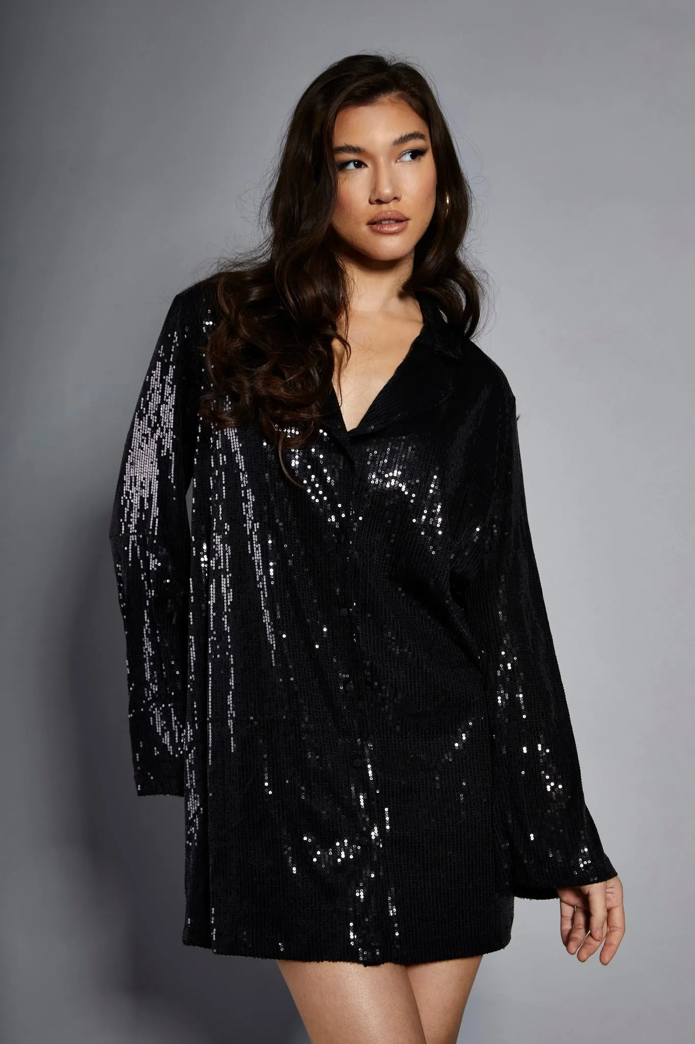 Glamorous Studio Black Sequin Relaxed Fit Mini Shirt Dress sold by Glamorous