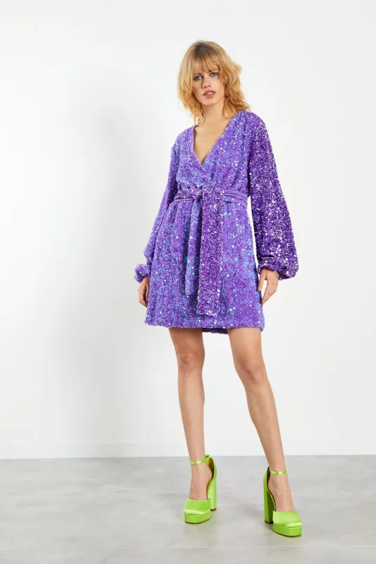 Glamorous Purple Sequin Tie Waist Wrap Mini Dress sold by Glamorous