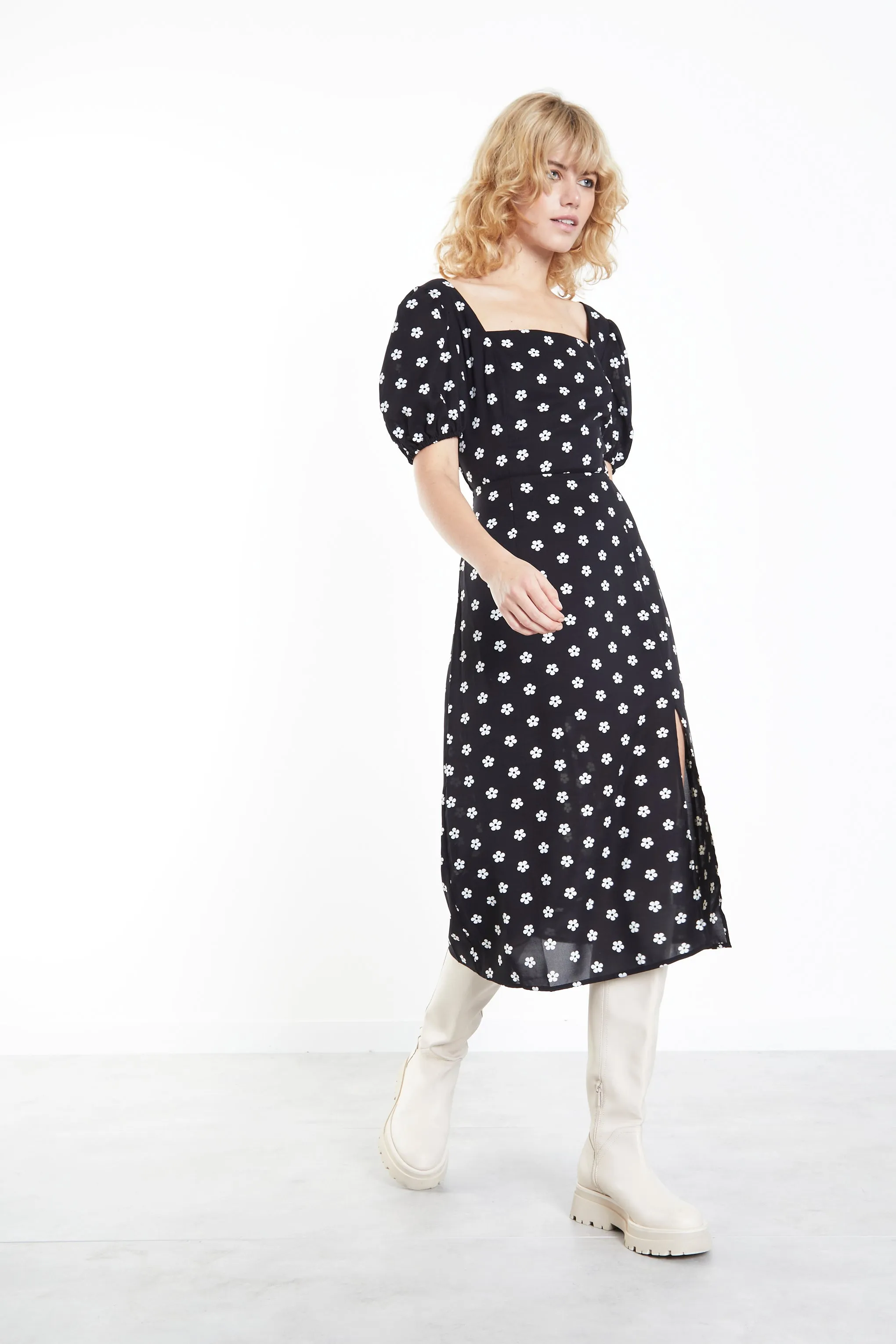 Glamorous Black White Daisy Tie Back Midi Dress sold by Glamorous product image thumbnail 4