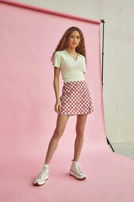 Glamorous Rose Checkerboard Flower High-Waisted Mini Skirt with front Side Split sold by Glamorous