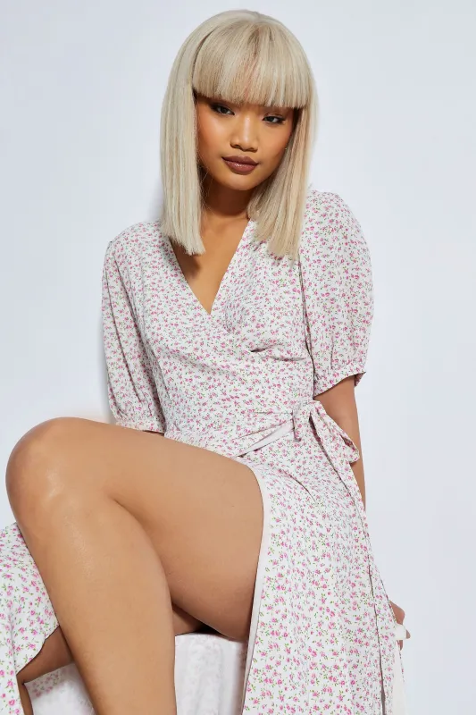 Glamorous Orchid Multi Ditsy Tie Waist Midi Dress sold by Glamorous