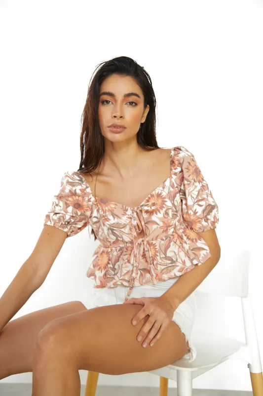 Glamorous Multi Sunflower Sweetheart Neckline Peplum Top sold by Glamorous