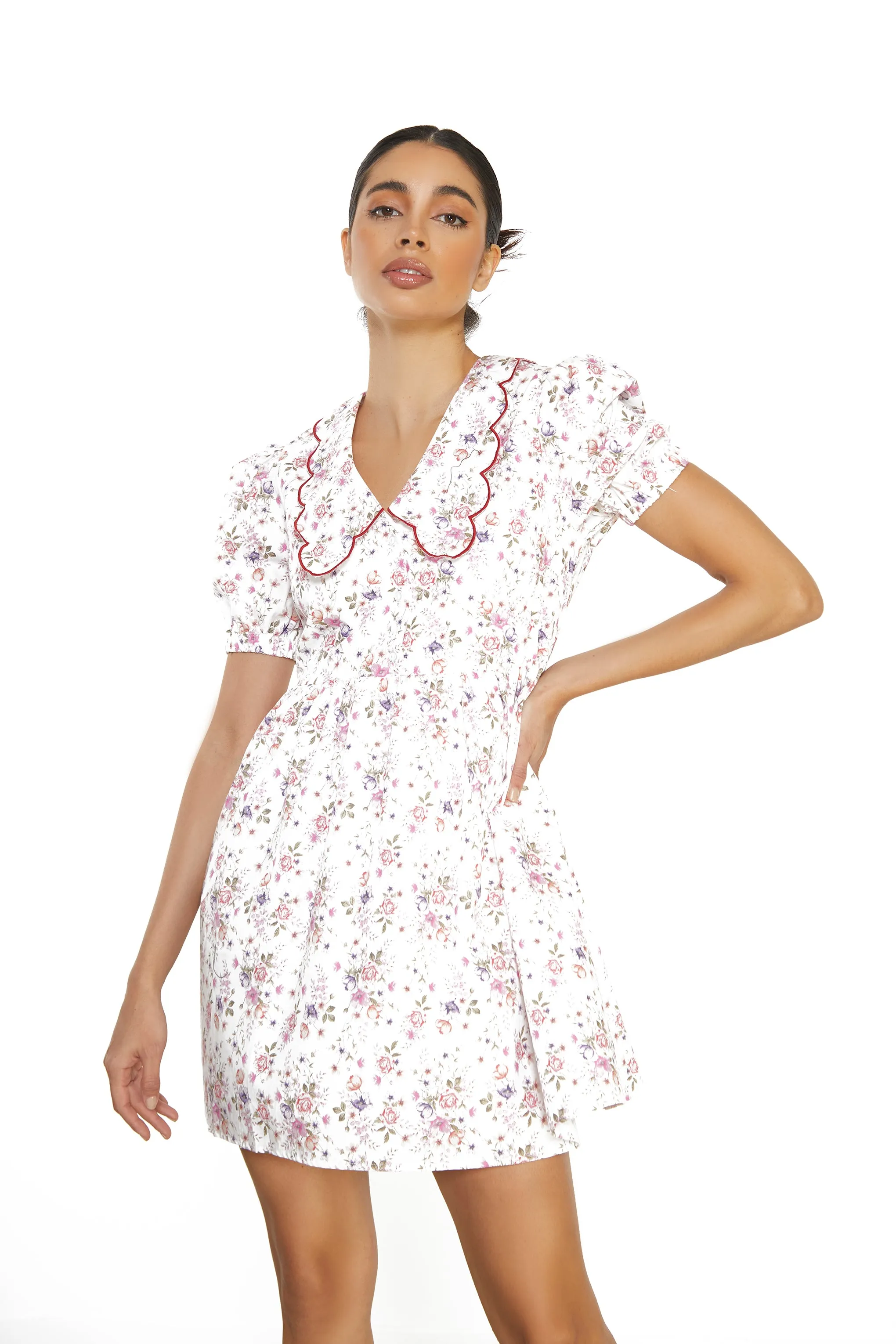 Glamorous White Vintage Flower Collar Short Sleeve Mini Dress sold by Glamorous