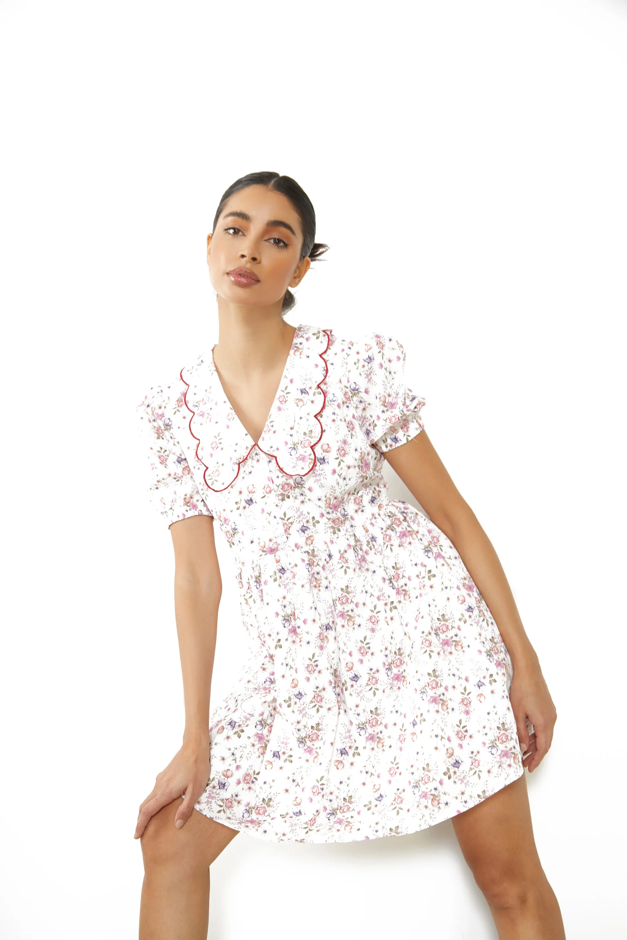 Glamorous White Vintage Flower Collar Short Sleeve Mini Dress sold by Glamorous product image thumbnail 2