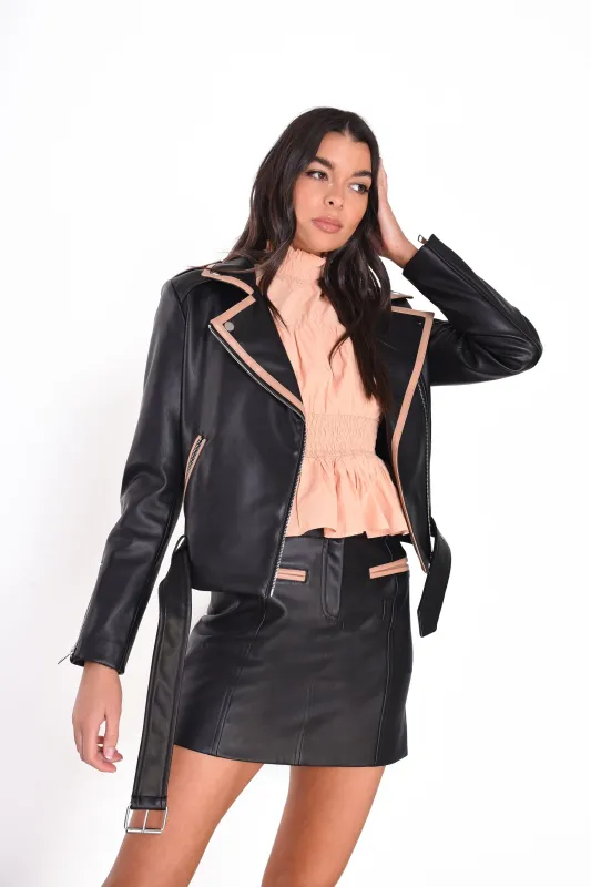 Glamorous Black Tan Faux Leather Mini Skirt sold by Glamorous