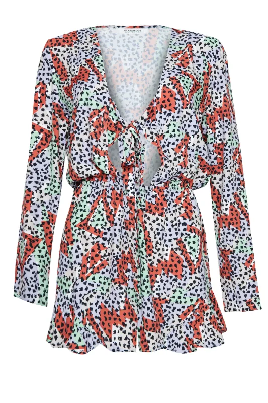 Glamorous Multi Geo Print Tie Front Playsuit sold by Glamorous