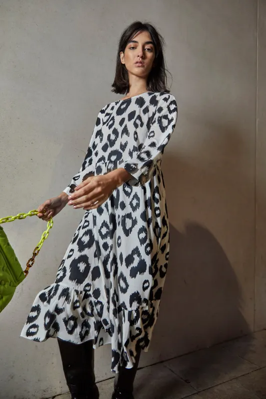 Glamorous Black White Leopard Midi Long Sleeve Wrap Dress sold by Glamorous