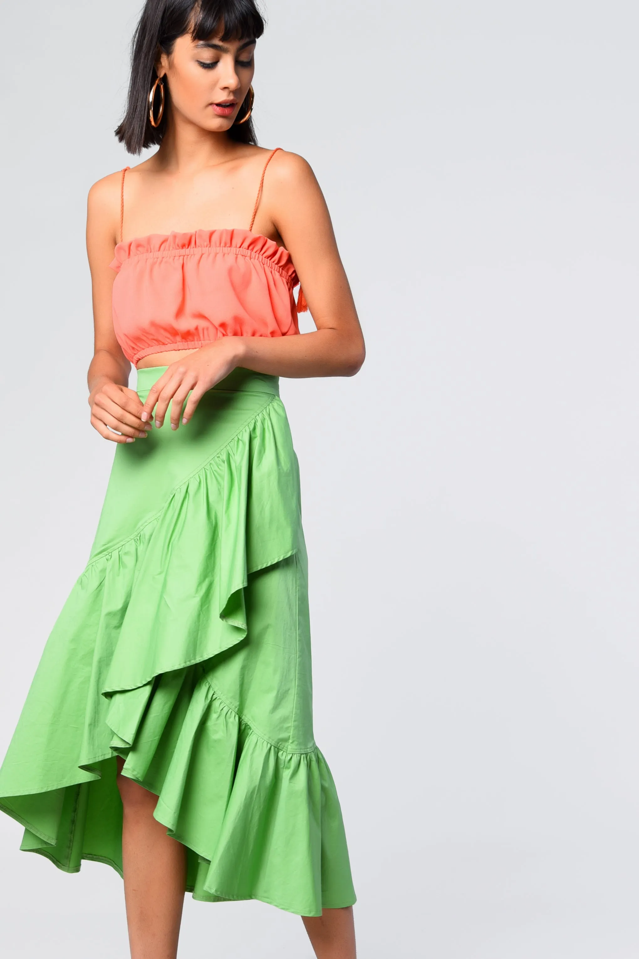 Apple Green Ruffle Detail Midi Skirt sold by Glamorous