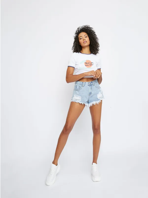 Glamorous Light Blue Wash Distressed Denim Shorts sold by Glamorous
