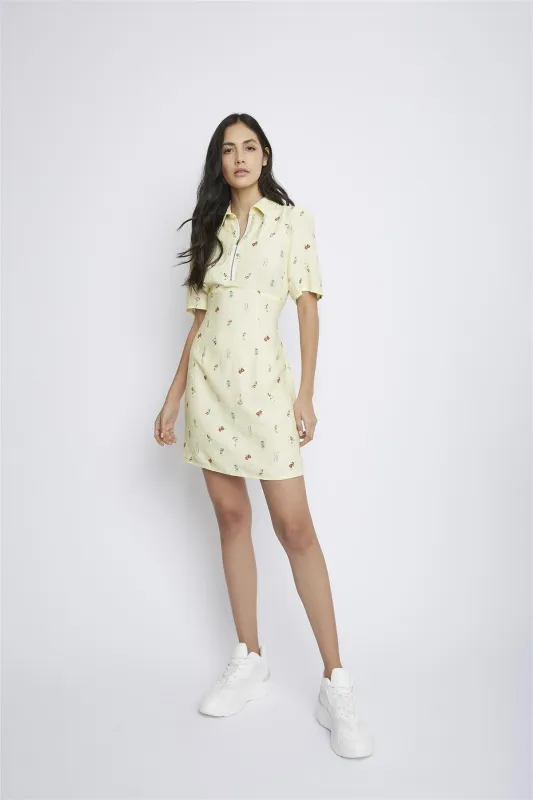 Botanical-Ditsy Cinched-Waist-Quarter-Zip Mini-Dress sold by Glamorous