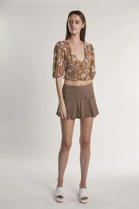 Brown Paisley Puff Sleeve V Neck Crop Top sold by Glamorous