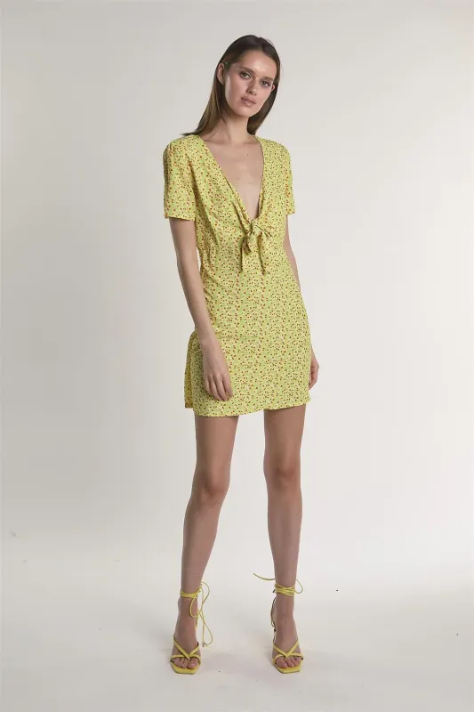 Yellow-Multi-Ditsy V-Neck-Front-Knot Mini-Dress sold by Glamorous