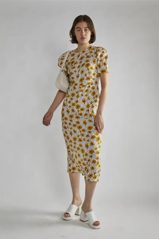 Yellow-Floral-Black-Dot Short-Sleeve Midi-Dress made by Glamorous