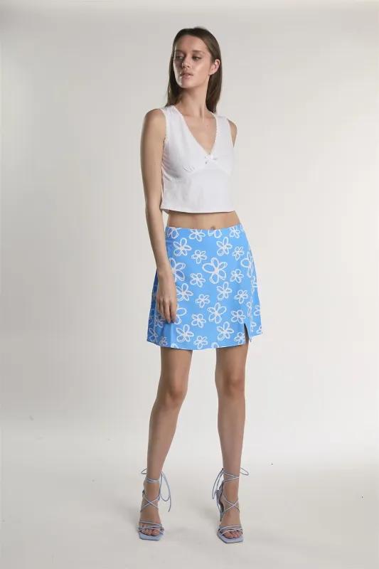 Blue-Scribble-Daisy Side-Slit Mini-Skirt made by Glamorous