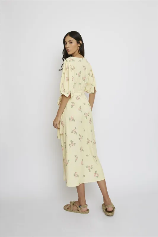 Yellow-Pink-Rose V-Neck-Wrap Midi-Dress sold by Glamorous