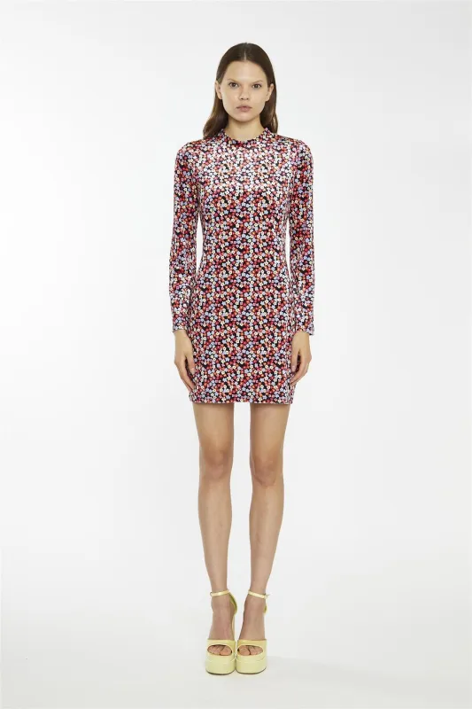 Multi-Ditsy-Velvet Long-Sleeve-Peplum Mini-Dress sold by Glamorous