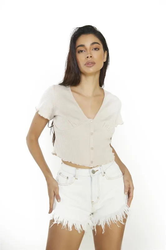 Stone Button-Up-Ribbed Crop-top sold by Glamorous