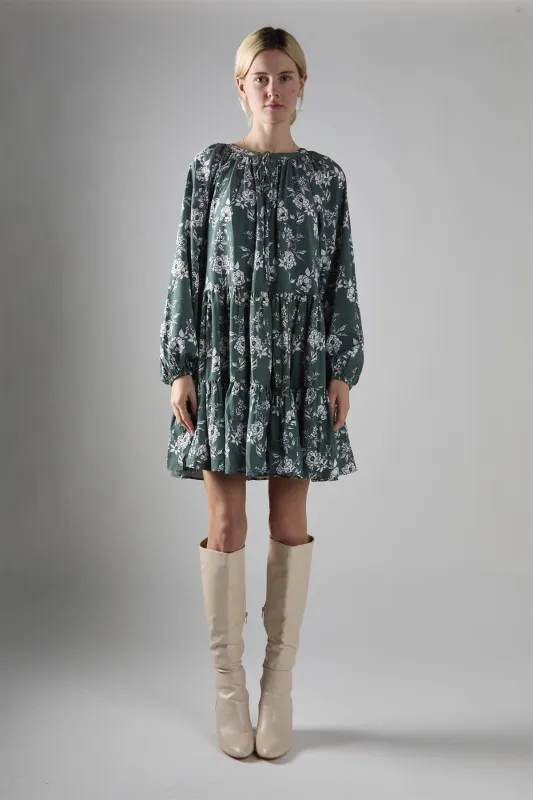 Khaki White Floral Poplin Tiered Mini-Dress sold by Glamorous