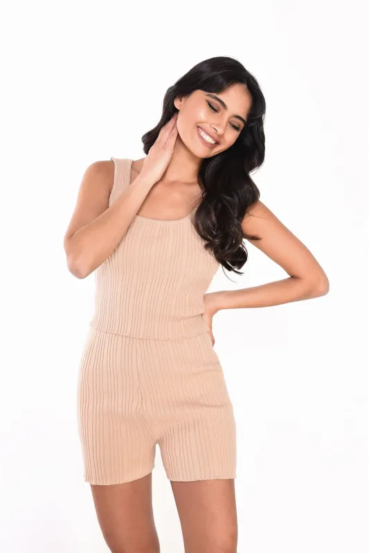 Beige Ribbed tank Crop-Top sold by Glamorous