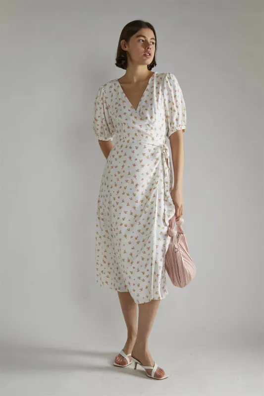 White Pink Ditsy V-neck Wrap Midi-Dress sold by Glamorous