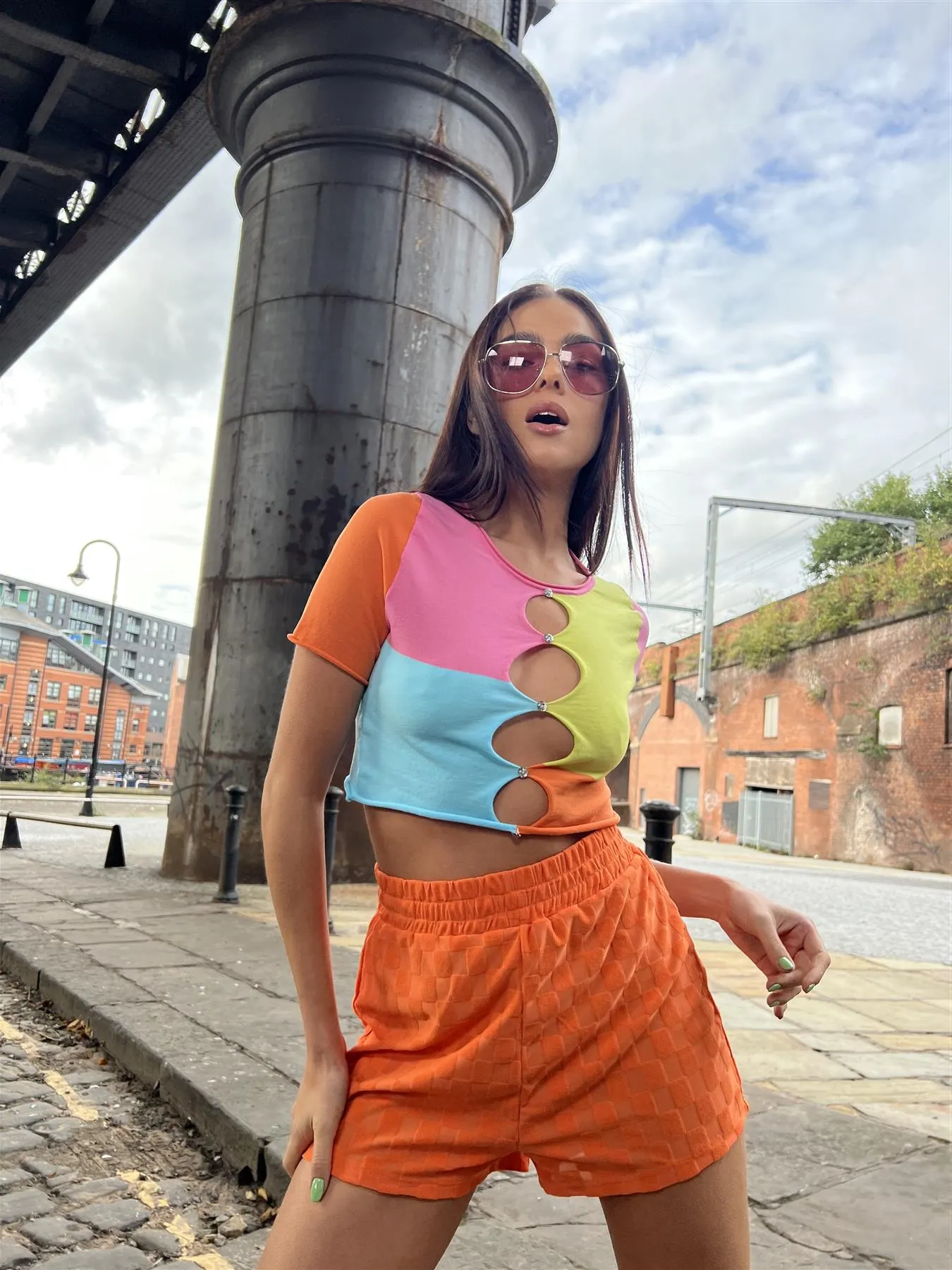 Multicolour Patchwork Cut-Out Crop-Top sold by Glamorous