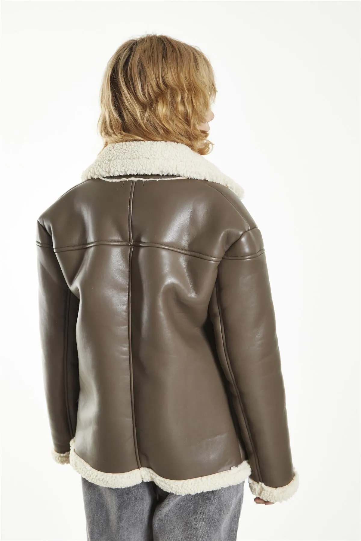 Brown-Cream Double-Breasted Fur-Trim Coat sold by Glamorous product image thumbnail 2