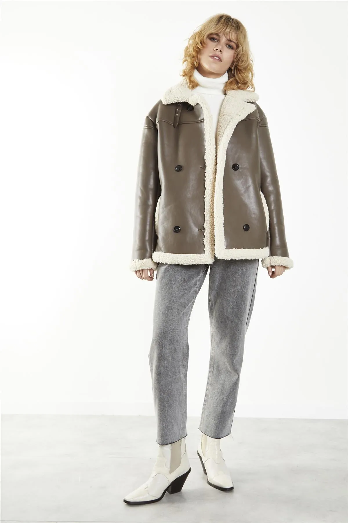 Brown-Cream Double-Breasted Fur-Trim Coat sold by Glamorous