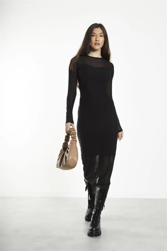 Black Mesh Crew Neck Midi-Dress sold by Glamorous